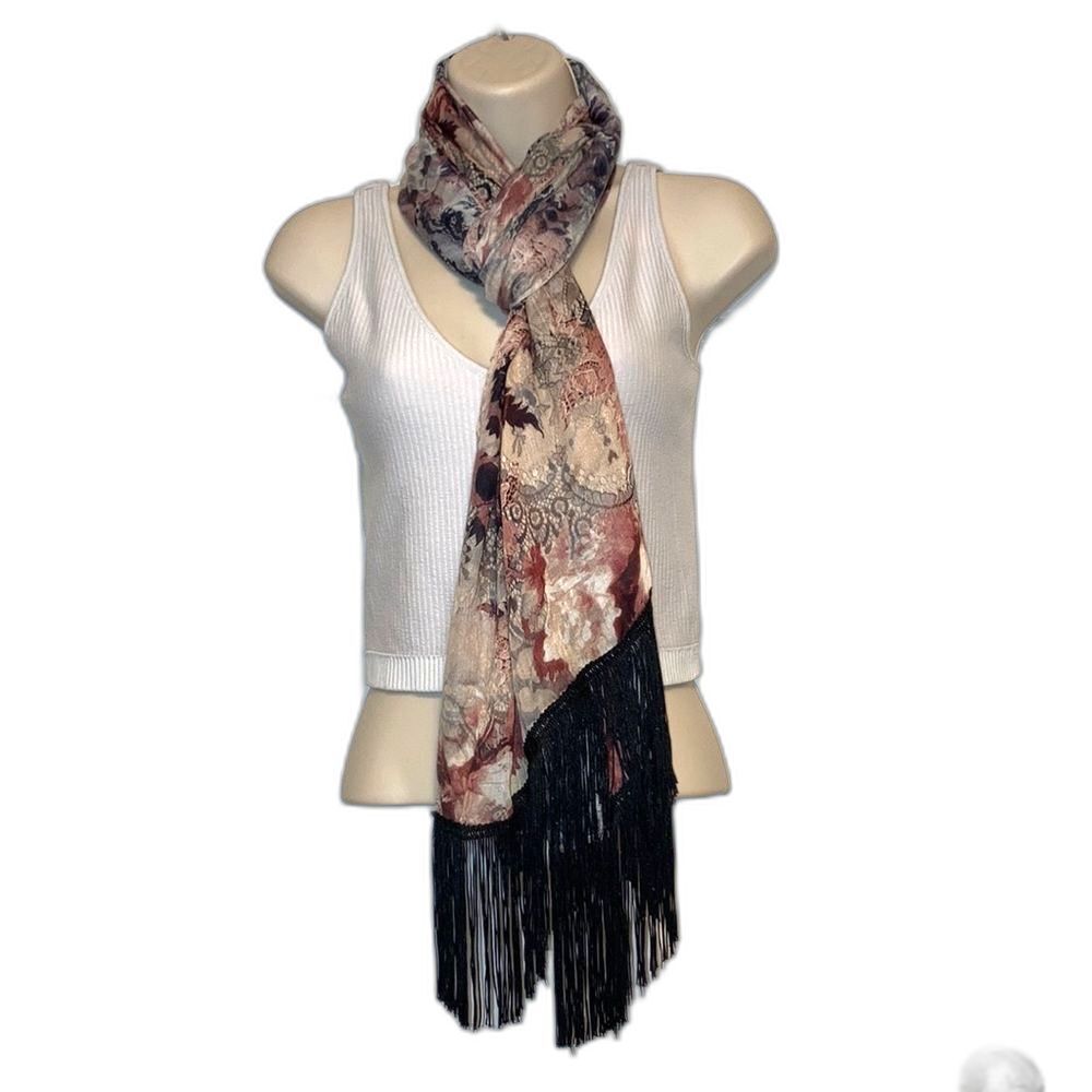 CHICOS Floral and Lace Print Scarf with Black Fringe Womens 20 x 70 inches